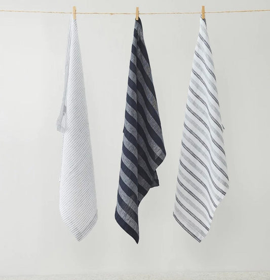 Pure Linen Stripes Tea Towel - Navy white Stripes