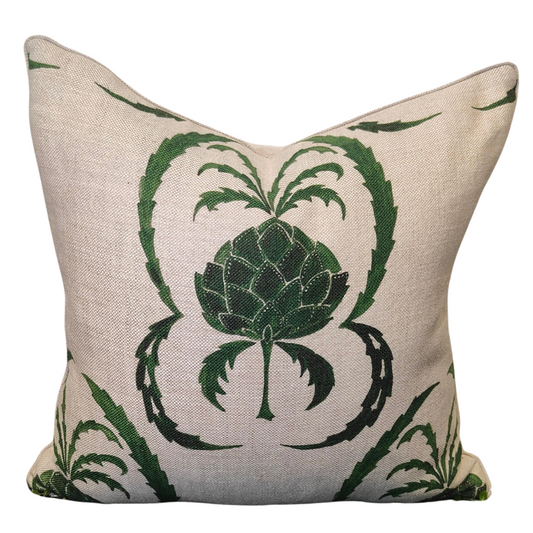 Green Thistle on linen. Piped. Plain back 60x60 cushion