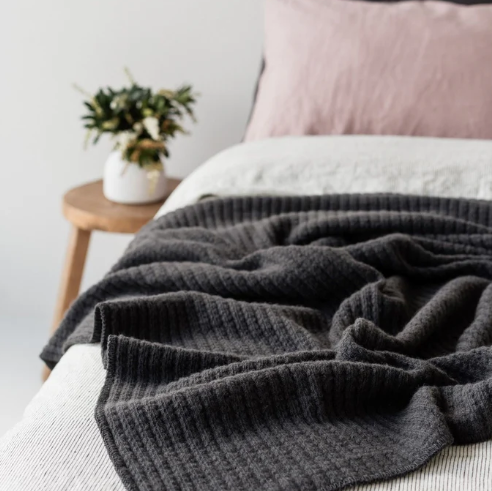 Charcoal Ribbed Wool Throw Blanket - Medium