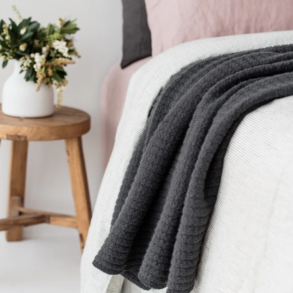 Charcoal Ribbed Wool Throw Blanket - Medium