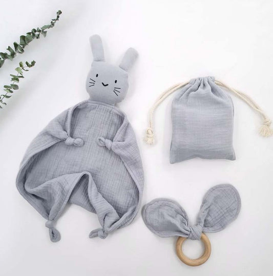 Grey Organic Muslin bunny Soother and Teether in Bag