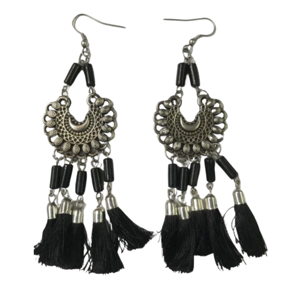 Silver Metal and Black Tassels Earring