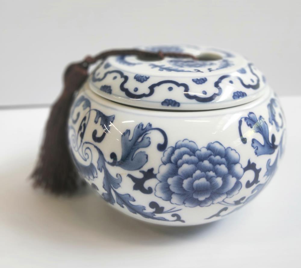 Handpainted Blue & White canister with brown tassel