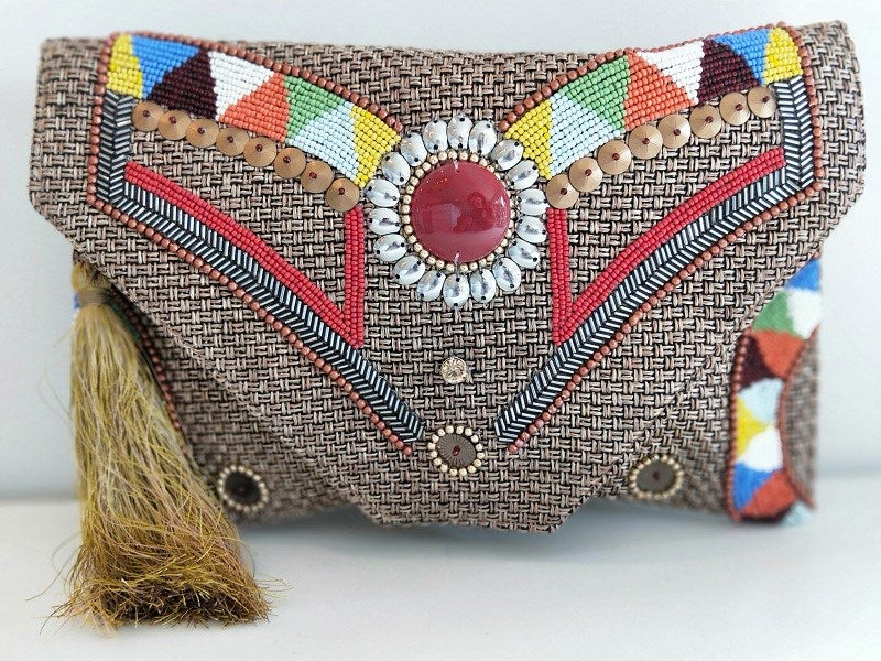 Bag Jute Multi coloured embroidered w/fringe