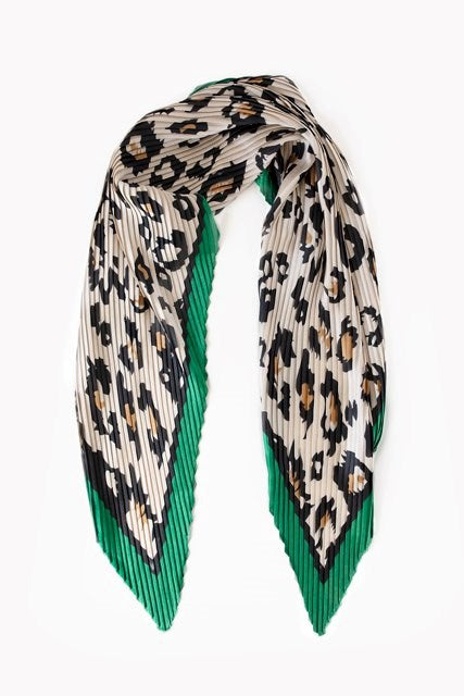 Pleated Scarf | Leopard with Green Edge