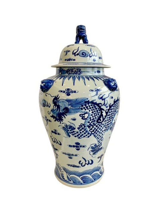 Temple Jar,large dragon, BLUE AND WHITE W/OUT LID