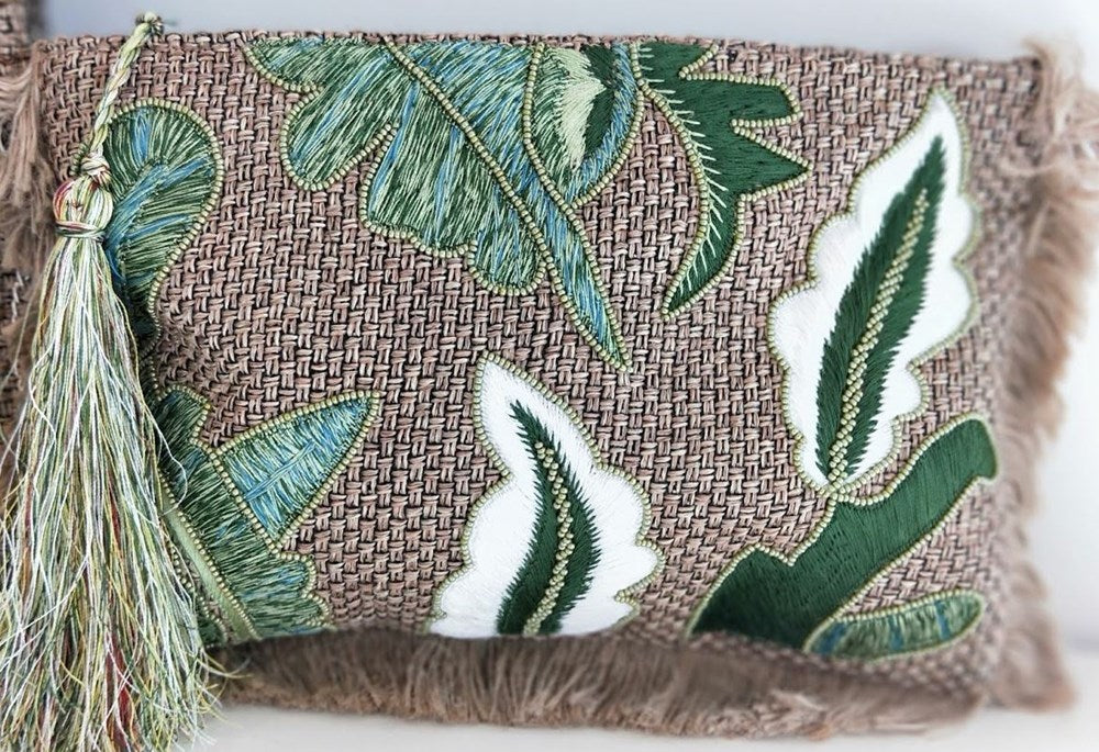 Bag Jute Embroidered Leaves