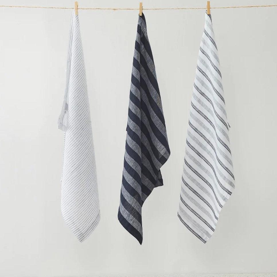 Pure Linen Stripes Tea Towel - Navy white Stripes